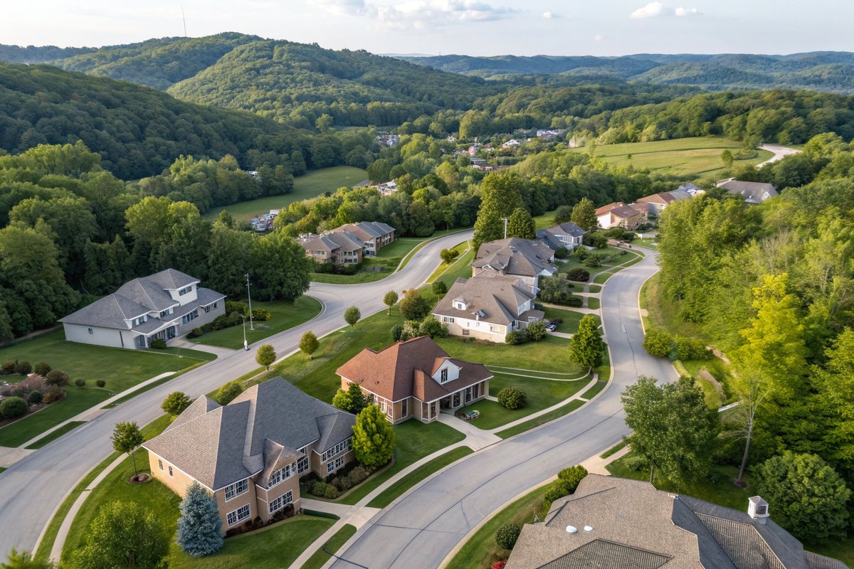 Aerial view of a subdivision with curving streets and shingle-roofed homes in rolling green hills
