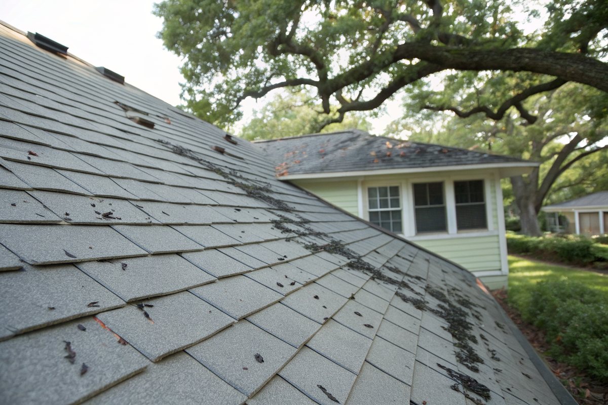 A light gray shingle roof with dark algae streaks under large shade trees