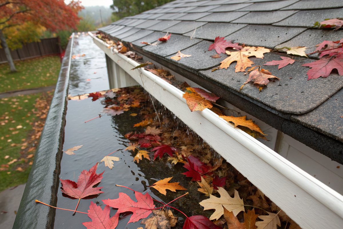 A gutter and roof edge filled with wet red and orange autumn leaves