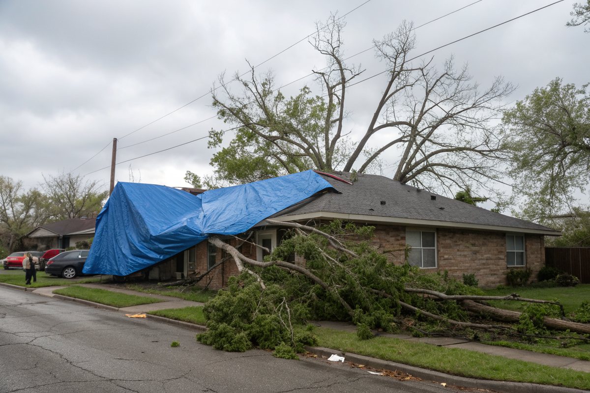 A blue tarp over part of a brick house roof with storm-broken branches in the yard