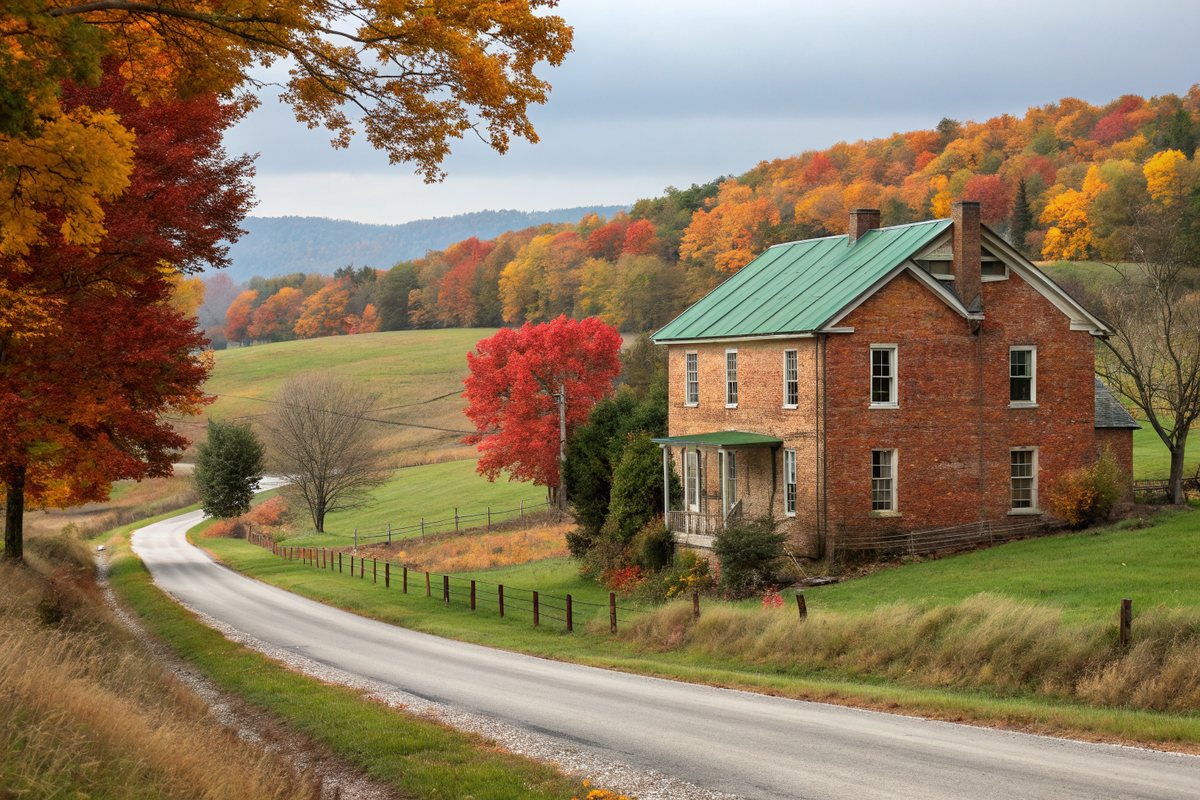 An old two-story brick farmhouse with a green metal roof beside a country road in fall