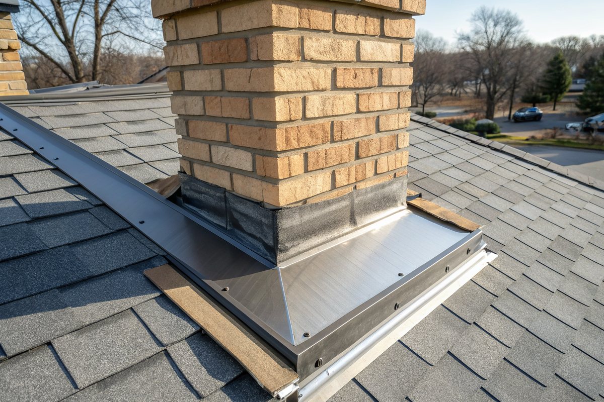 Metal flashing where a tan brick chimney meets a gray shingle roof