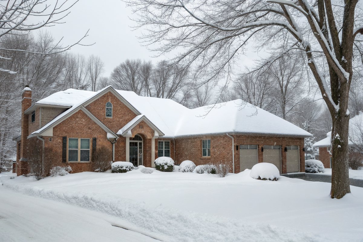 A brick house with heavy snow on its roof after a winter storm