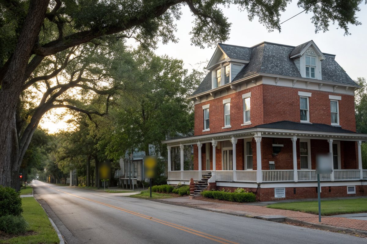 A restored two-story red brick house with a white front porch on a quiet tree-lined street