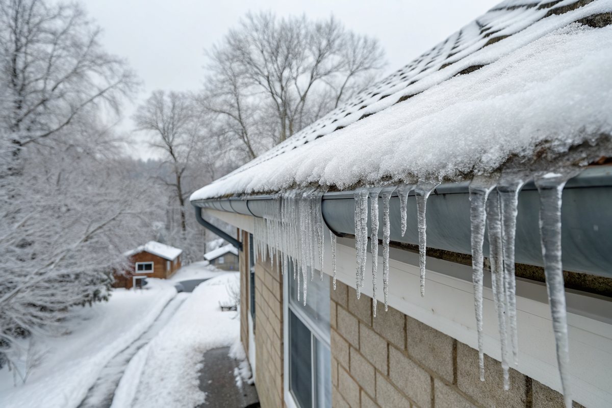 Icicles hanging from a gutter below a snow-covered shingle roof