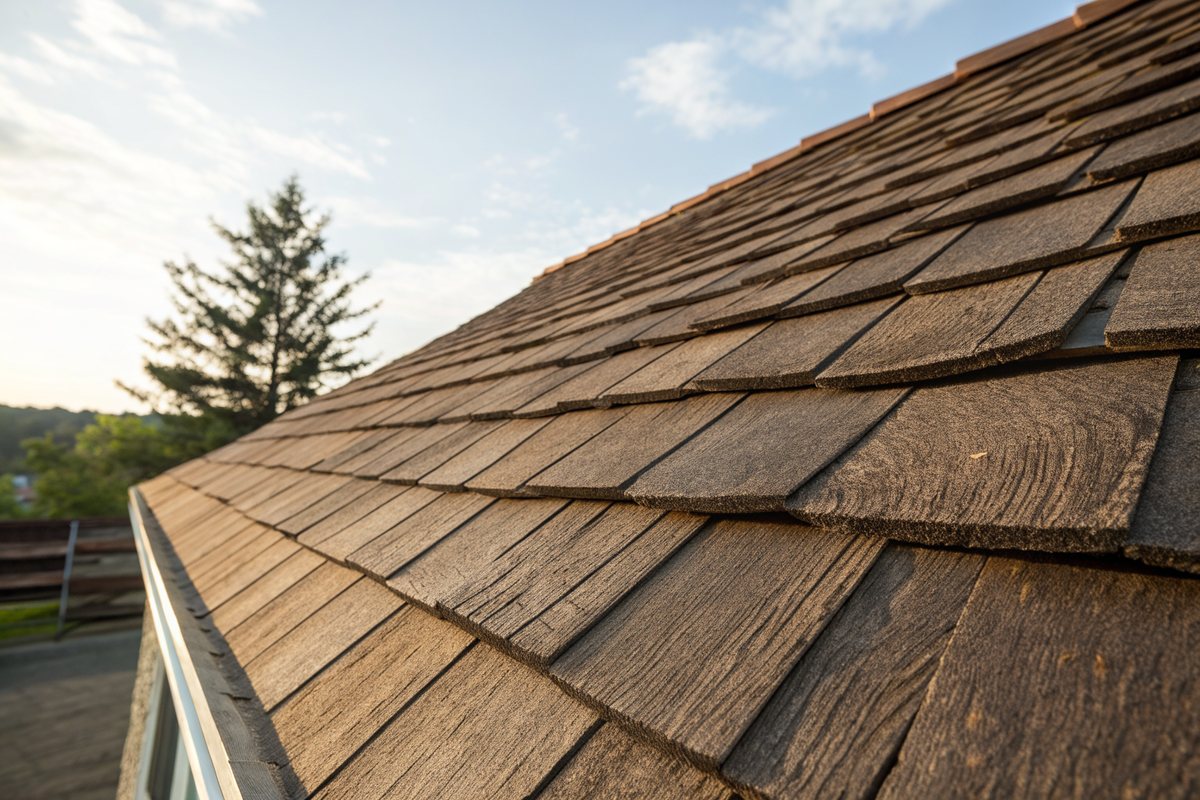 Close view of thick textured brown architectural shingles in sunlight