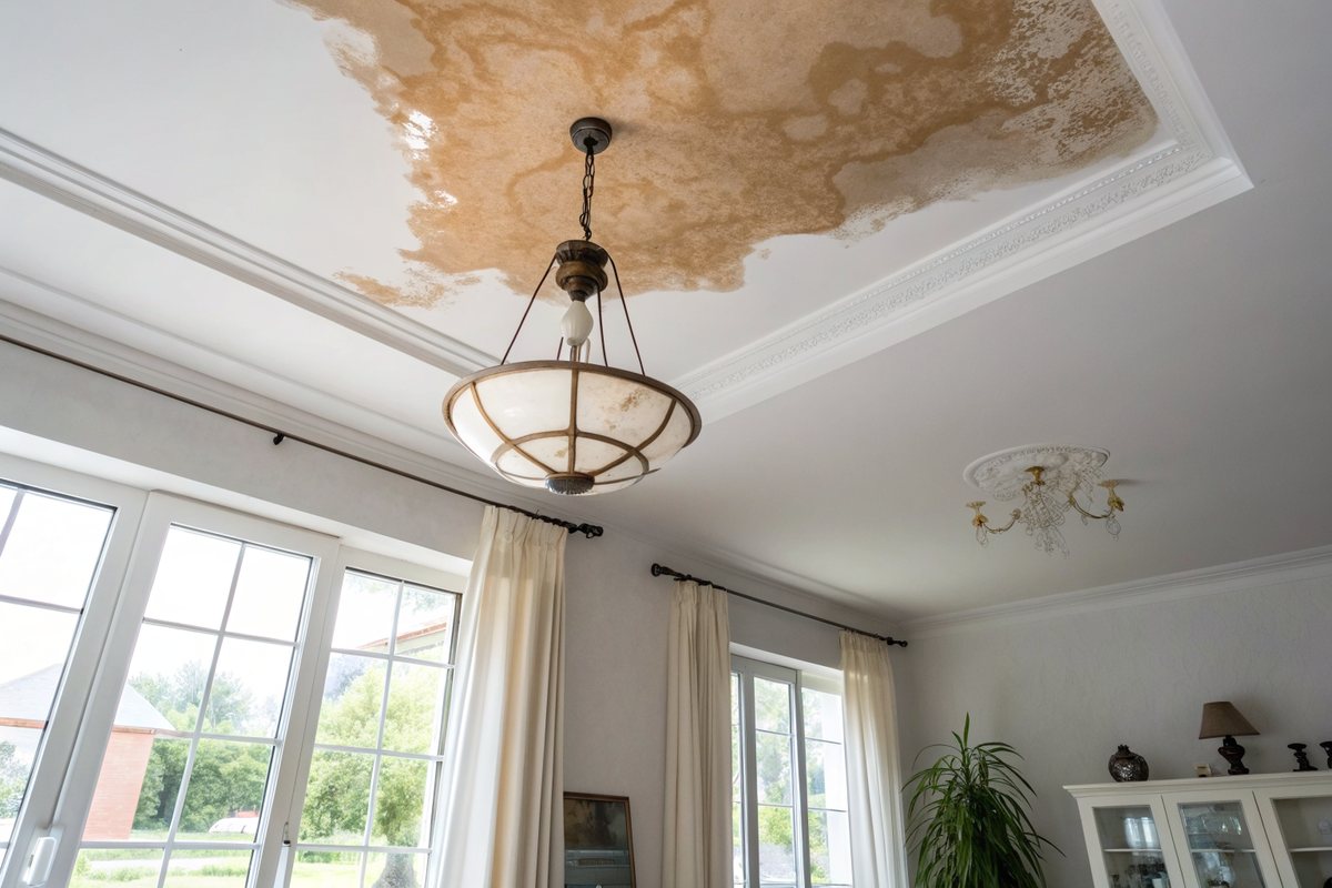 A brown water stain spreading across a white living room ceiling near a light fixture
