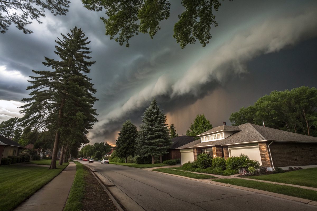 A dark shelf cloud rolling over a suburban street of shingle-roofed homes
