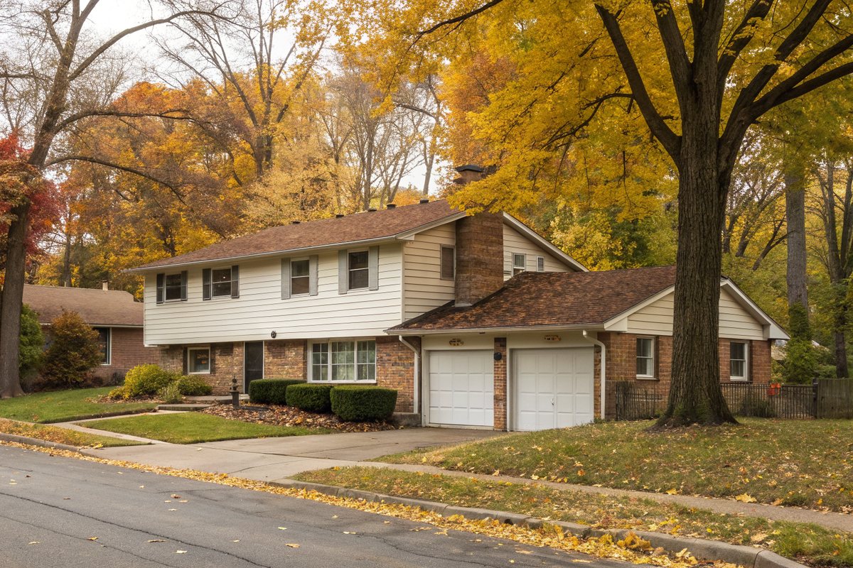 A split-level home with tan brick and white siding on a tree-lined street in fall