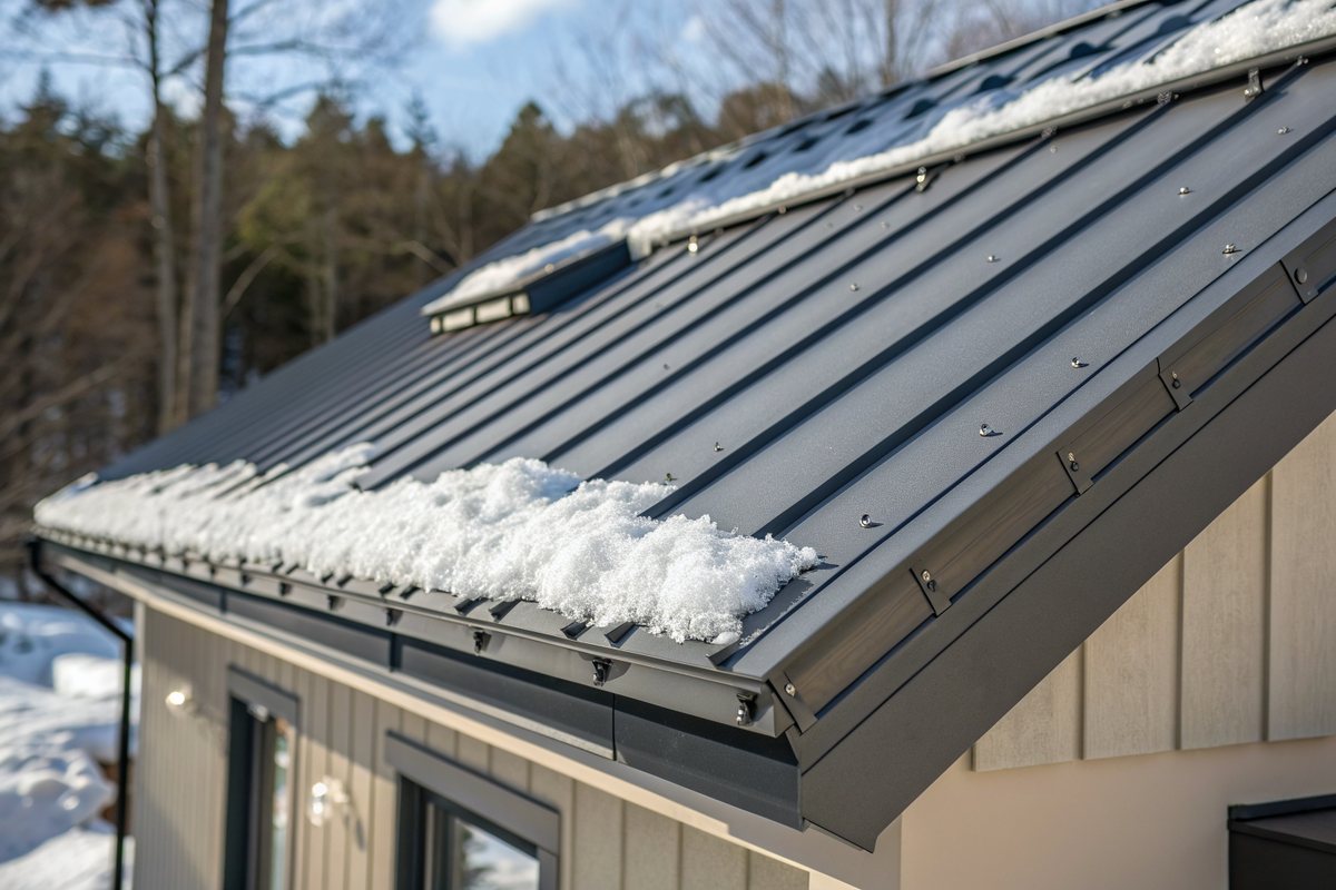 Charcoal standing-seam metal roof panels with a layer of snow at the edge