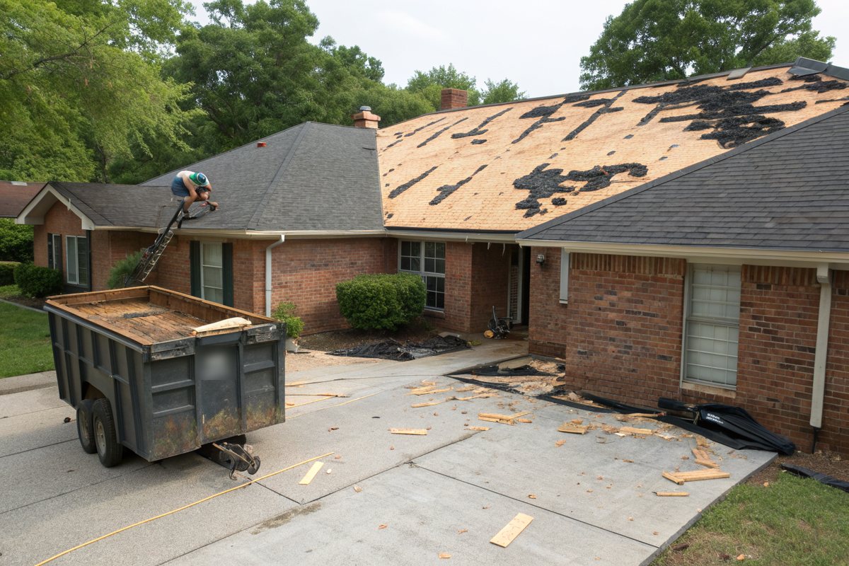 A brick ranch house mid tear-off with plywood decking showing and a dumpster in the driveway