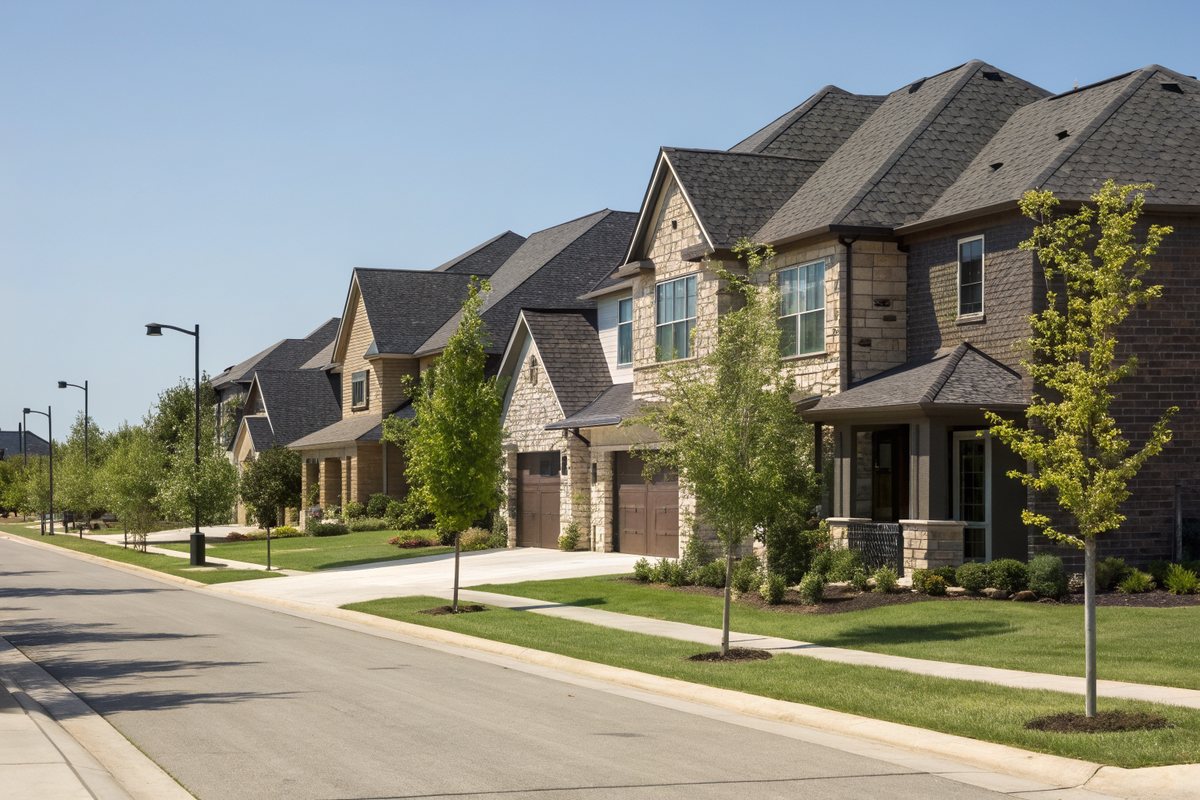 A row of newer two-story homes with charcoal shingle roofs and young trees