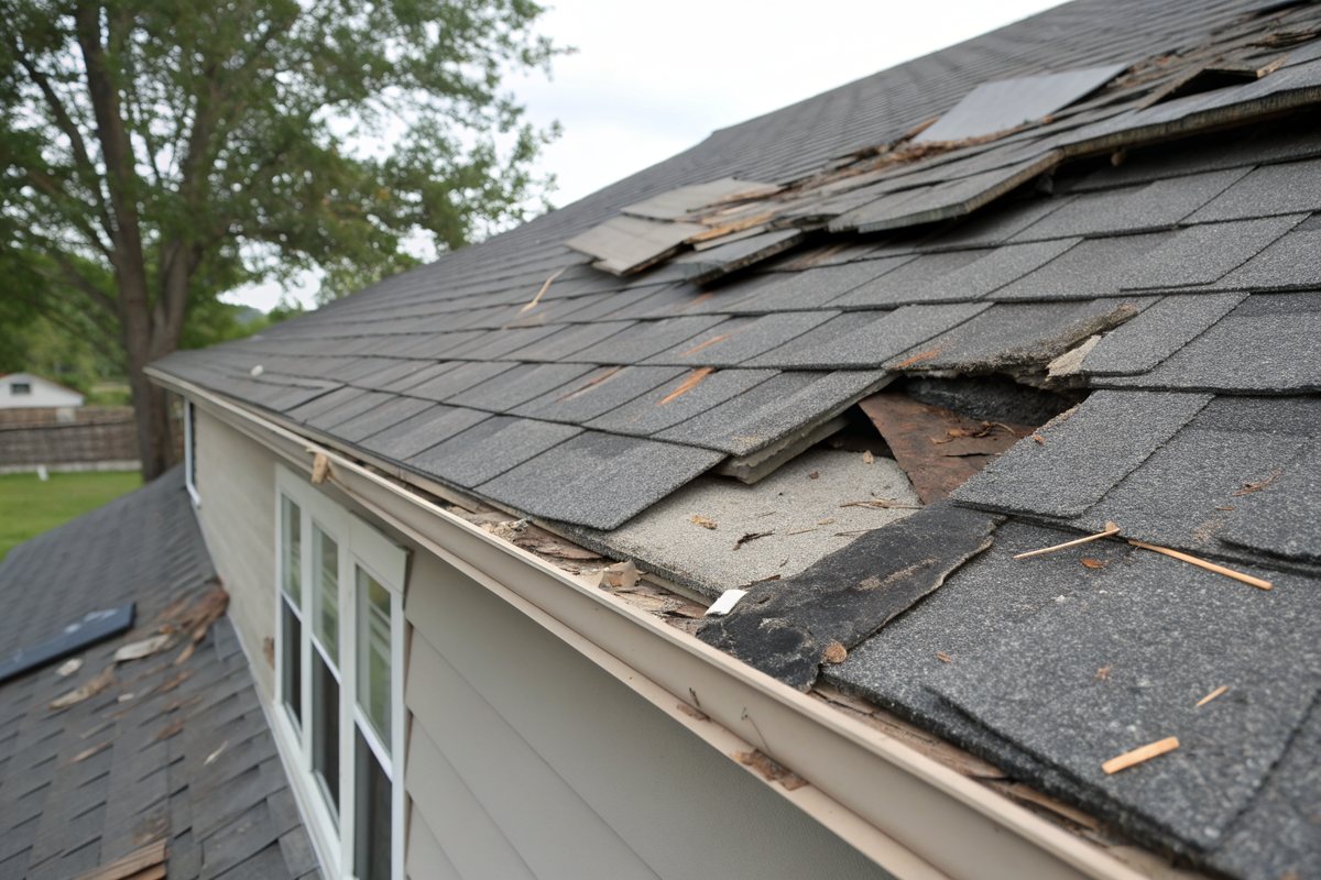 Wind-torn and lifted shingles along the edge of a gray roof