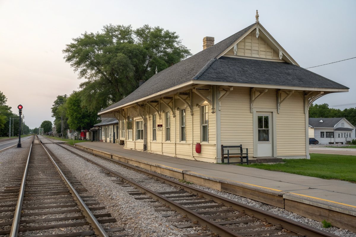 A cream-colored wooden railroad depot with a deep shingle roof beside the tracks